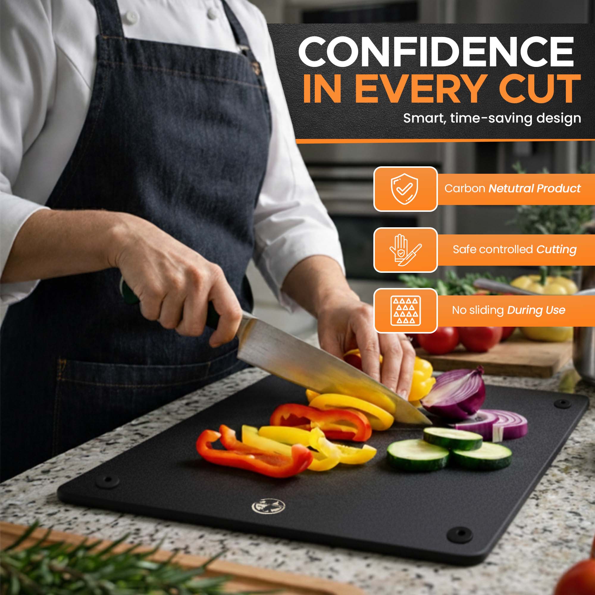 Slicing vegetables on black cutting board